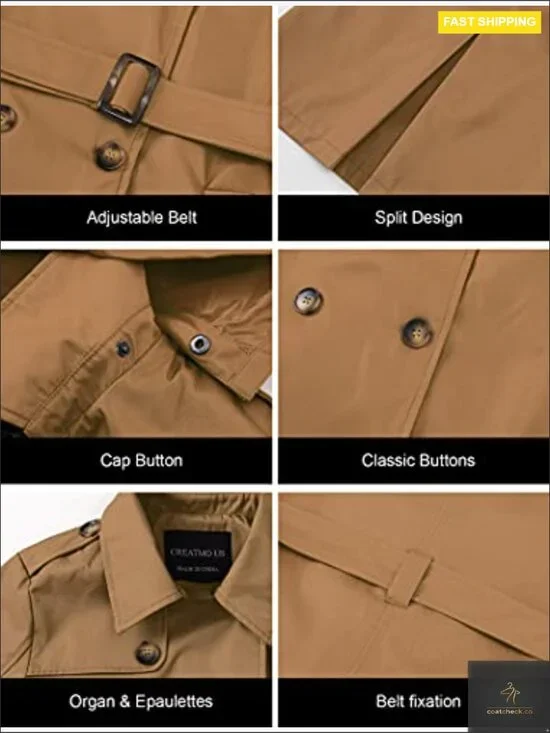 Classic Double-Breasted Trench Coat Slim Fit Detachable Hood Waterproof - Picture 6 of 6